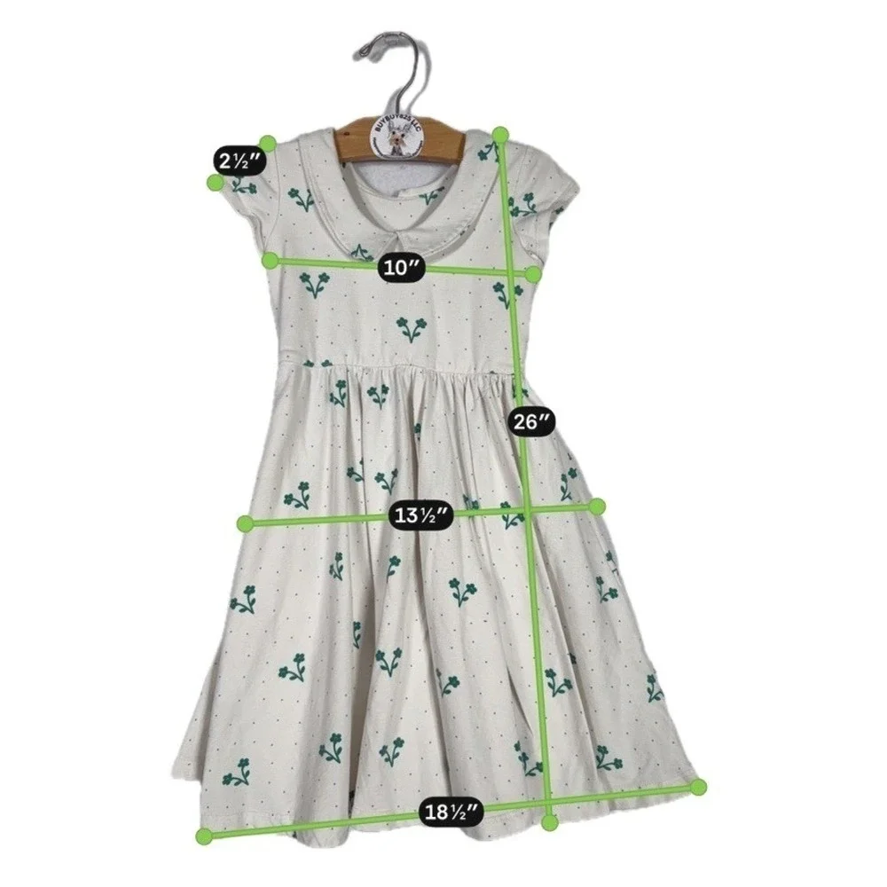 Alice + Ames Girls Dress Size 6 White Green Floral Peter Pan Collar Cotton USA